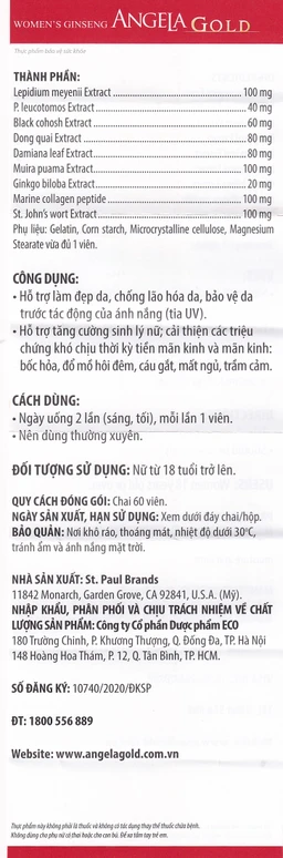 Viên uống hỗ trợ làn da căng sáng tăng cường sinh lý nữ Angela Gold Ecogreen (60 viên)