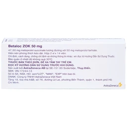 Thuốc Betaloc Zok 50mg AstraZeneca điều trị tăng huyết áp (2 vỉ x 14 viên)