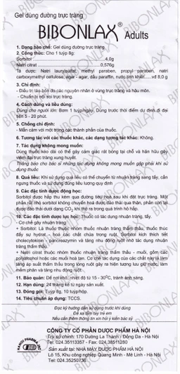 Gel dùng đường trực tràng Bibonlax Adults Hanoi Pharma điều trị táo bón (10 ống x 8g)