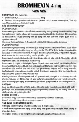 Thuốc Bromhexin 4mg Dược 3-2 tan đàm trong viêm khí phế quản, viêm phế quản mạn tính (10 vỉ x 20 viên)