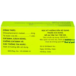 Thuốc Chlorpheniramine 4mg Mekophar điều trị viêm mũi dị ứng mùa và quanh năm (5 vỉ x 20 viên)