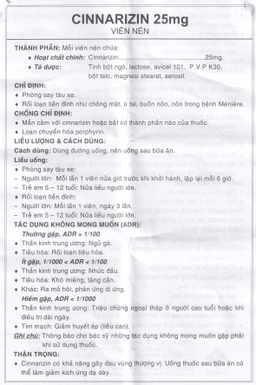 Thuốc Cinnarizin 25mg Vidipha phòng say tàu xe, rối loạn tiền đình (100 viên)