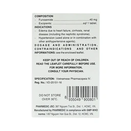 Thuốc Diurefar 40 Pharmedic điều trị tăng huyết áp, phù do suy tim, xơ gan, bệnh thận (10 vỉ x 12 viên)