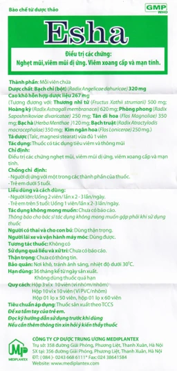 Thuốc Esha điều trị chứng nghẹt mũi, viêm mũi dị ứng, viêm xoang cấp và mạn tính (50 viên)