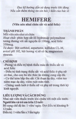 Viên nhai Hemifere 100mg phòng và điều trị bệnh thiếu máu do thiếu sắt và acid folic (3 vỉ x 10 viên)