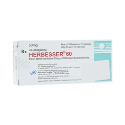 Thuốc Herbesser 60mg điều trị cao huyết áp vô căn, đau thắt ngực (10 vỉ x 10 viên)