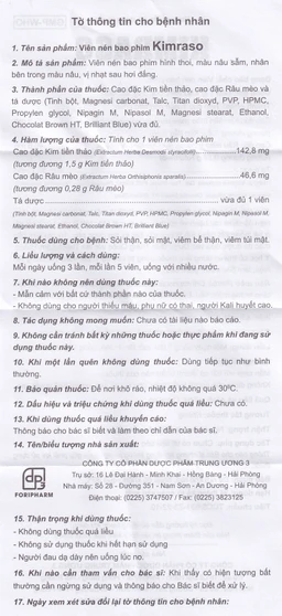 Viên nén Kimraso Forifarm điều trị sỏi thận, sỏi mật, viêm bể thận, viêm túi mật (60 viên)