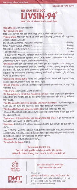 Viên nén Livsin-94 Hà Tây điều trị viêm gan cấp và mãn tính, suy gan (2 vỉ x 20 viên)