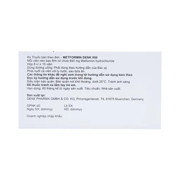 Viên nén Metformin Denk 850 điều trị đái tháo đường típ 2 (8 vỉ x 15 viên)
