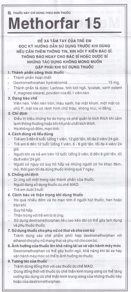Thuốc trị ho Methorfar 15 Pharmedic dùng cho cảm lạnh, ho không đờm (10 vỉ x 10 viên)