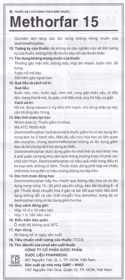 Thuốc trị ho Methorfar 15 Pharmedic dùng cho cảm lạnh, ho không đờm (10 vỉ x 10 viên)