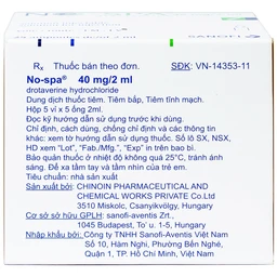 Dung dịch tiêm No-Spa 40mg/2ml Sanofi chống co thắt cơ, điều trị sỏi túi mật, sỏi ống mật (5 vỉ x 5 ống x 2ml)