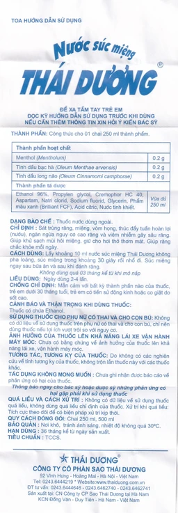 Nước súc miệng Thái Dương hương bạc hà, sát trùng răng, miệng, vòm họng (500ml)