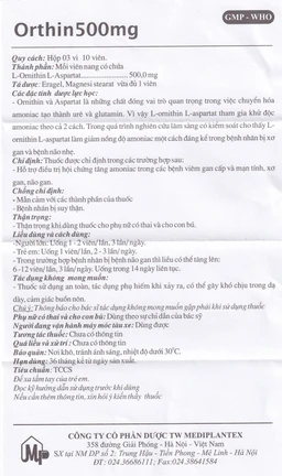 Viên nang cứng Orthin 500mg Mediplantex điều trị hội chứng tăng amoniac (3 vỉ x 10 viên)