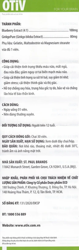 Viên uống giúp tăng cường dưỡng chất cho não Ecogreen OTiV (30 viên)