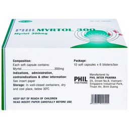 Thuốc Philmyrtol 300 Phil Inter Pharma loãng đờm, giảm viêm phế quản, viêm xoang mũi (6 vỉ x 10 viên)