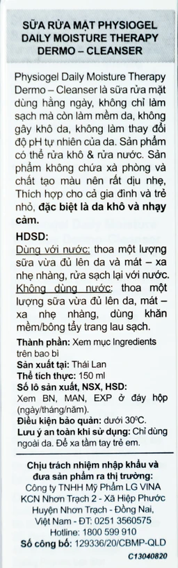 Sữa rửa mặt Physiogel Daily Moisture Therapy Dermo-Cleanser 150ml cho da khô