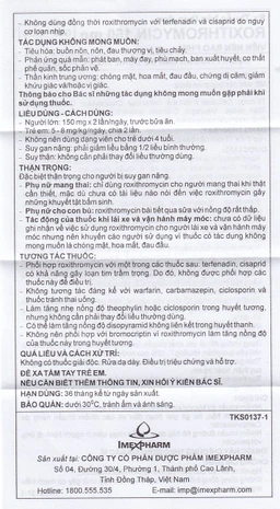 Thuốc Roxithromycin 150mg Imexpharm điều trị các loại nhiễm khuẩn, bệnh bạch hầu, ho gà (2 vỉ x 10 viên)