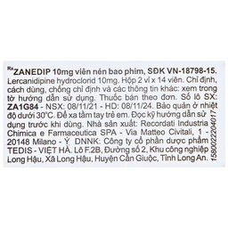 Thuốc Zanedip 10mg Recordati điều trị tăng huyết áp vô căn (2 vỉ x 14 viên)
