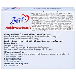 Thuốc Zanedip 10mg Recordati điều trị tăng huyết áp vô căn (2 vỉ x 14 viên)