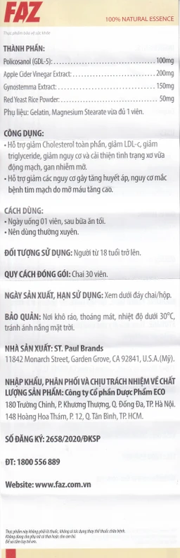 Viên uống hỗ trợ giảm cholesterol toàn phần giảm LDL-c Ecogreen FAZ (30 viên)