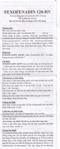 Thuốc Fexofenadin 120-HV USP điều trị viêm mũi dị ứng theo mùa, mày đay mạn tính vô căn (10 vỉ x 10 viên)