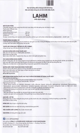 Hỗn dịch uống LAHM DaviPharm kháng acid, chống đầy hơi, ợ nóng, viêm thực quản, viêm dạ dày (20 gói x 15g)