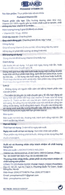 Siro hỗ trợ tăng hấp thụ canxi Pediakid Vitamin D3 (20ml)