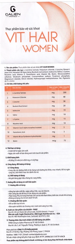 Viên uống hỗ trợ giảm rụng tóc dành cho nữ Vit Hair Women Galien (4 vỉ x 15 viên)