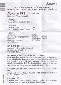 Dịch truyền Albiomin 20% Biotest điều trị cấp cứu trường hợp choáng do giảm thể tích máu (50ml)