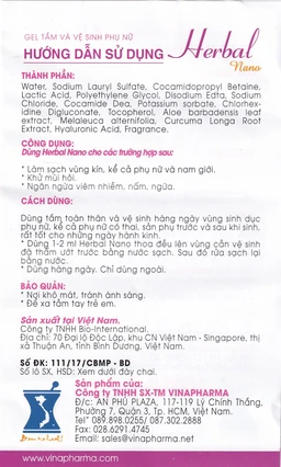 Gel vệ sinh phụ nữ Herbal Nano Vinapharma giúp vệ sinh, khử mùi, bảo vệ vùng kín (105g)