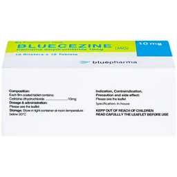 Thuốc Bluecezine 10mg Bluepharma điều trị dị ứng, viêm mũi dị ứng (10 vỉ x 10 viên)