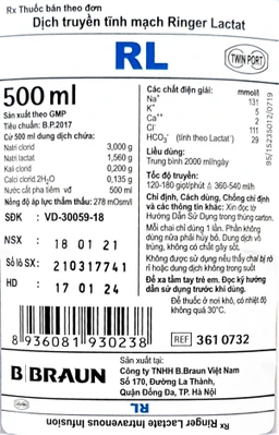 Dung dịch Ringer Lactat Braun truyền tĩnh mạch bù nước và điện giải (500ml)
