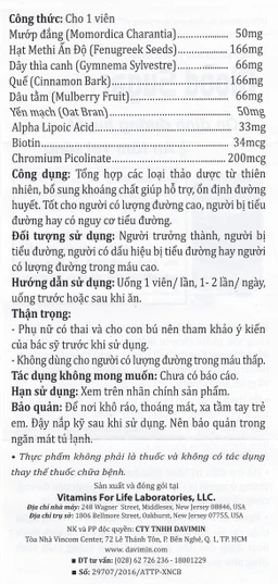 Viên uống ổn định đường huyết, tốt cho người bị tiểu đường Blood Sugar Control Vitamins For Life (60 viên)