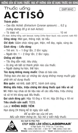 Thuốc uống Actiso Ladophar mát gan, thông mật, lợi tiểu (10 ống x 10 ml)