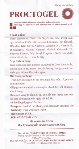 Kem bôi trĩ Proctogel Bimex giúp giảm đau, giảm viêm nhiễm, liền vết thương (20g)