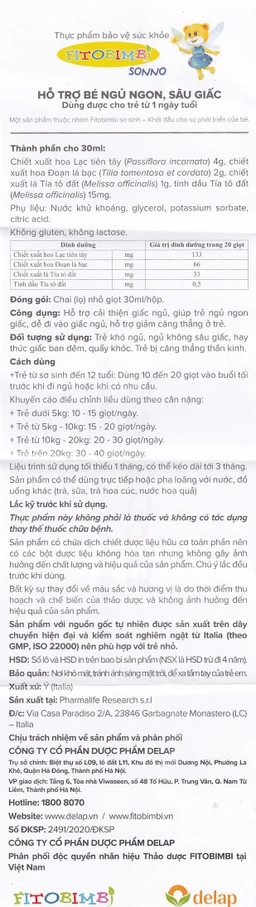 Siro giúp trẻ ngủ ngon Fitobimbi Sonno (30ml)