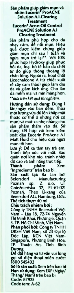 Gel Eucerin Pro Acne A.I Clearing Treatment giảm mụn và nhờn (40ml)