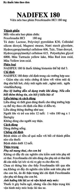 Viên nén Nadifex 180 USP giảm viêm mũi dị ứng, hắt hơi, chảy mũi (1 vỉ x 10 viên)