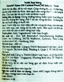 Nước hoa hồng Eucerin Acne-Oil Control ProAcne Solution Toner dành cho da mụn, da dầu (200ml)