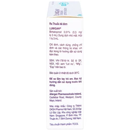 Thuốc nhỏ mắt Lumigan 0.01% Allergan giảm tăng áp suất nội nhãn (3ml)