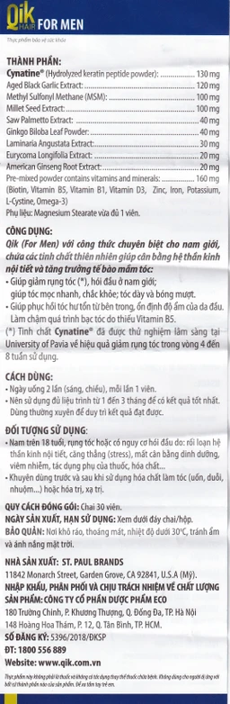 Viên uống giúp giảm rụng tóc hối đầu ở nam giới Qik Hair For Men (30 viên)