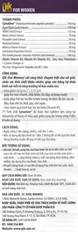 Viên giúp giảm rụng tóc ở nữ giới giúp mọc tóc Ecogreen Qik Hair For Women (30 viên)