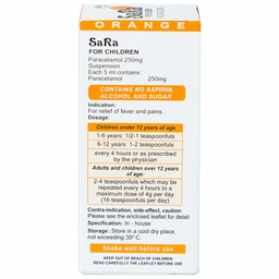 Hỗn dịch SaRa For Children 250mg Thai Nakorn Patana hương cam, hạ sốt và giảm đau (60ml)