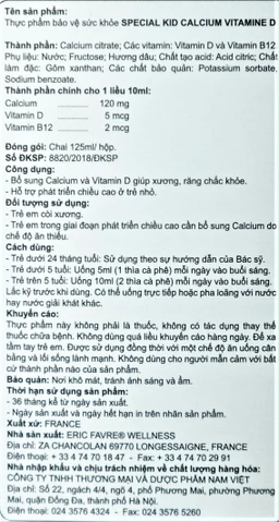 Siro hỗ trợ tăng chiều cao cho trẻ Special Kid Calcium Vitamine D hương dâu (125ml)