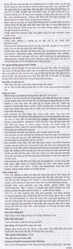 Thuốc tiêm Vitamin C Kabi 500mg/5ml phòng và điều trị bệnh Scorbut (1 vỉ x 6 ống )