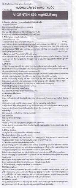 Thuốc bột pha hỗn dịch uống Vigentin 500mg/62,5mg Pharbaco điều trị các chứng nhiễm khuẩn (12 gói x 2g)