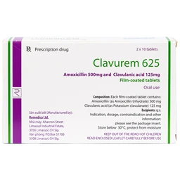 Thuốc Clavurem 625 Remedica điều trị nhiễm khuẩn (2 vỉ x 10 viên)