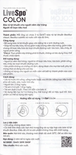 Bào tử lợi khuẩn cho người viêm đại tràng, rối loạn tiêu hóa LiveSpo Colon(20 ống x 5ml)