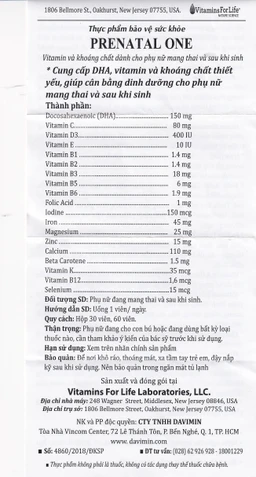 Viên uống cung cấp DHA, Vitamin và khoáng chất cho phụ nữ mang thai và sau sinh Prenatal One Vitamins For Life (30 viên)